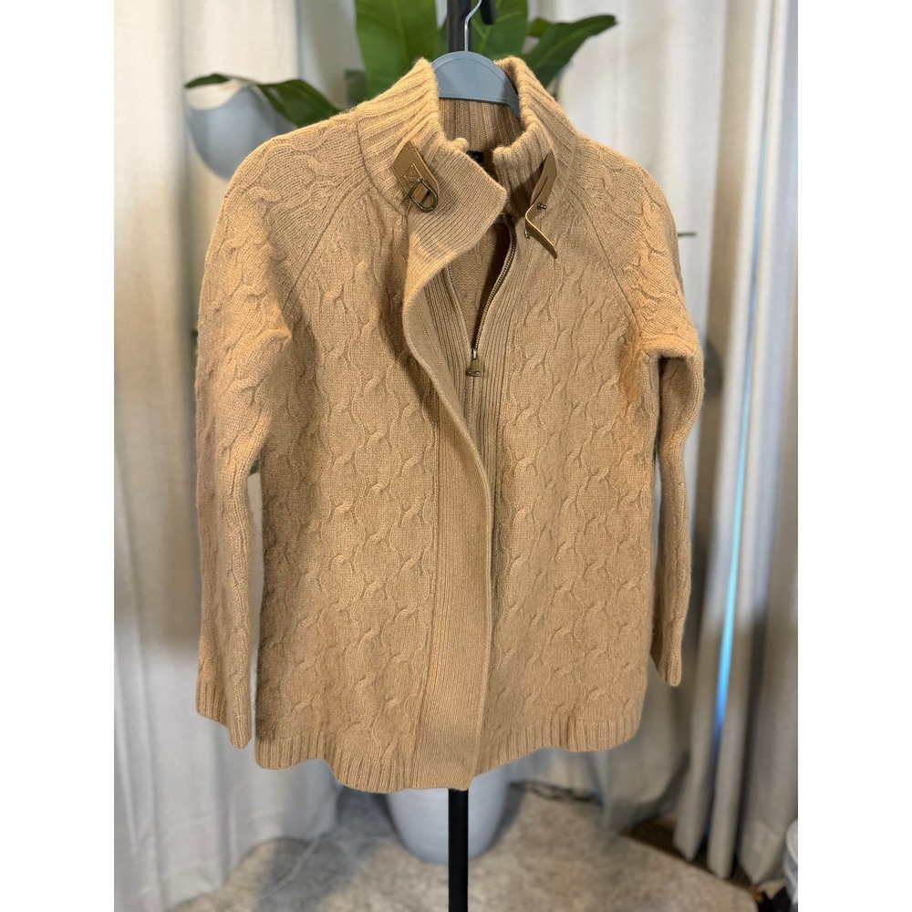 Talbots Merino Wool Cashmere Cable Knit Cardigan Camel Tan Buckle Neck M